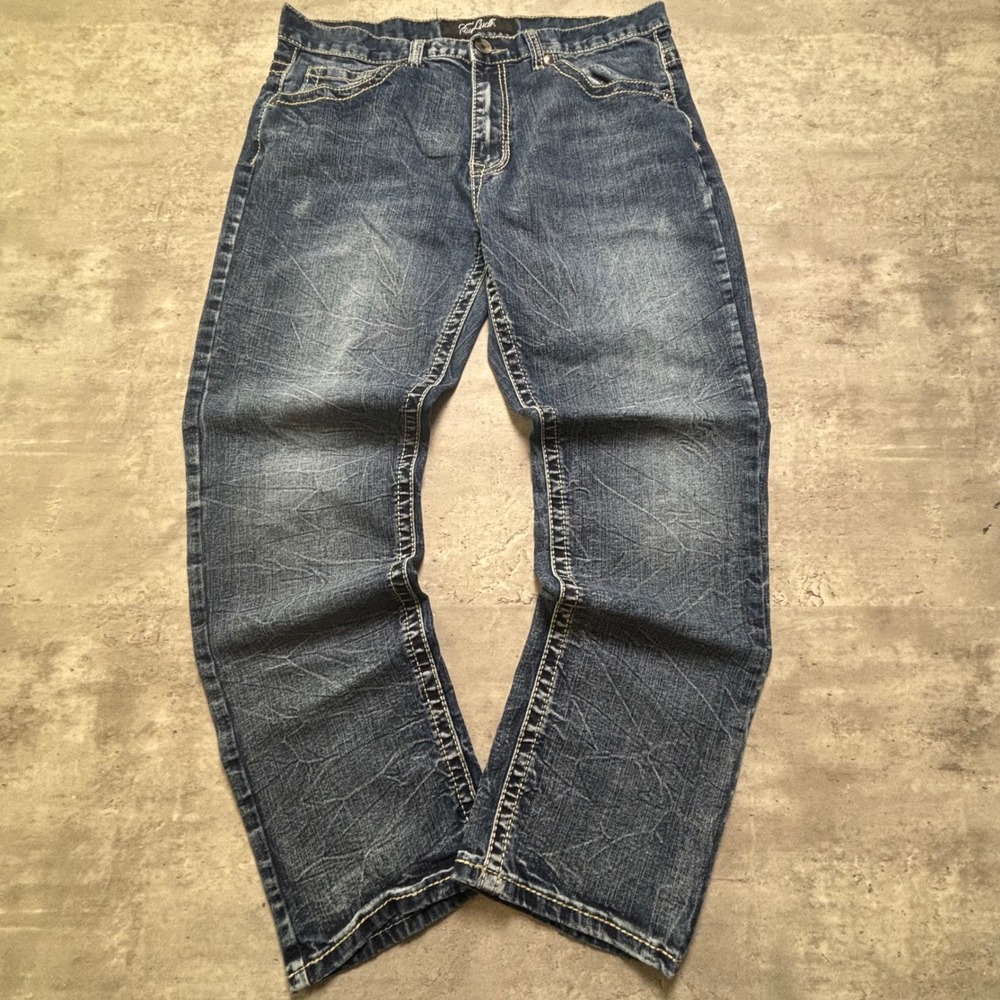 True Luck Jeans 34x30 Blue Dark Wash Distressed Contrast Stitch Straight Leg